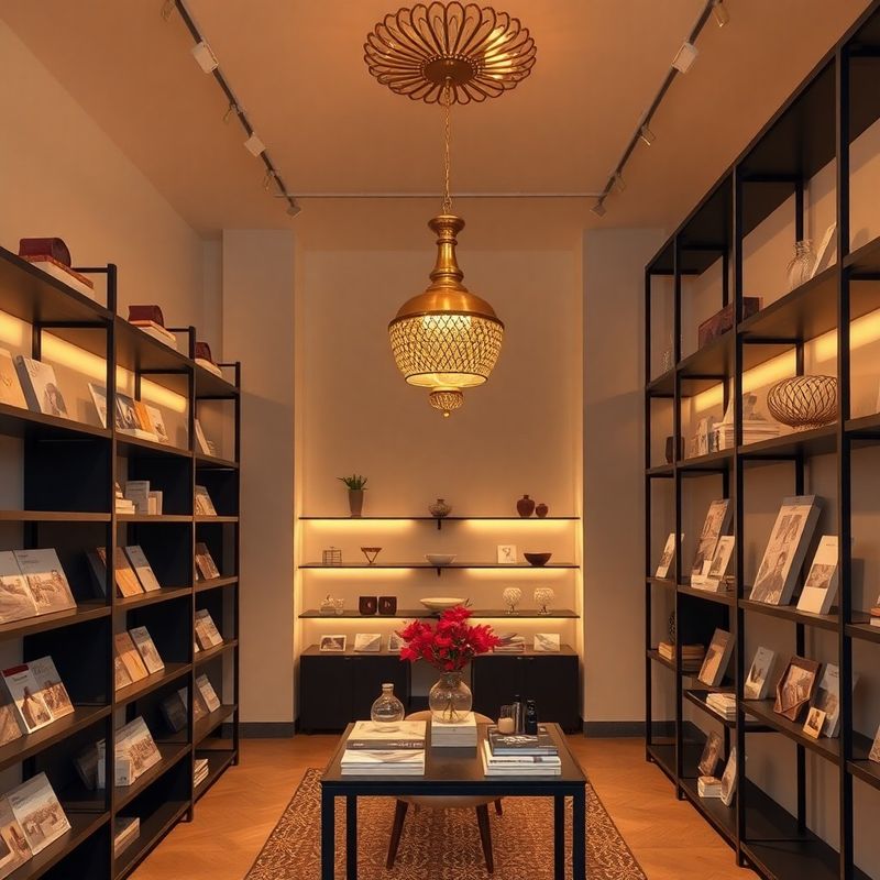 Interior view of the Vaughn Society Chennai showroom with charcoal shelving and warm gold pendant lighting